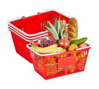 VEVOR Shopping Baskets, 4 PCS, 21L Stackable PE Plastic Grocery Baskets with Handles, Dense Mesh Structure, Holds up to 9.07kg, Portable for Grocery, Retail, Stores, Supermarket, Home Use, Red