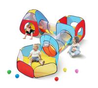 VEVOR 5 in 1 Kids Play Tent with Tunnel, Basketball Hoop for Boys, Girls, Babies and Toddlers, Indoor/Outdoor Pop Up Playhouse with Carrying Bag & Banding Straps Birthday Gifts, Red/Yellow/Blue