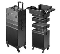 VEVOR 5 in 1 Professional Makeup Train Case, Aluminum Cosmetic Case, Rolling Extra Large Trolley Travel Organizer With 360° Swivel Wheels & Adjustable Pull Rod, Black