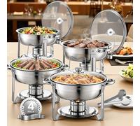 VEVOR Chafing Dish Buffet Set, 5 Qt 4 Pack, Stainless Steel Chafer with 4 Full Size Pan, Round Catering Warmer Server with Glass Lid Water Pan Folding Stand Fuel Holder, for Wedding Party Banquet