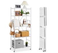 VEVOR 5-Tier Foldable Storage Shelf, 28 W x 15D x 64H Inch Folding Metal Rack Shelving Unit, No Assembly Organizer Shelf with 5 Wheels & 4 Hooks for Pantry, Kitchen, Garage, Basement, White