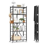 VEVOR 5-Tier Foldable Storage Shelf, 28W x 13D x 66H Inch Folding Metal Rack Shelving Unit, No Assembly Organizer Shelf with 5 Wheels & 4 Hooks for Pantry, Kitchen, Garage, Basement, Black