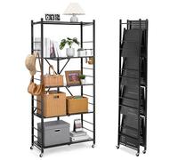 VEVOR 5-Tier Foldable Storage Shelf, 32W x 14D x 72H Inch Folding Metal Rack Shelving Unit, No Assembly Organizer Shelf with 5 Wheels & 4 Hooks for Pantry, Kitchen, Garage, Basement, Black