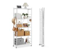 VEVOR 5-Tier Foldable Storage Shelf, 32W x 14D x 72H Inch Folding Metal Rack Shelving Unit, No Assembly Organizer Shelf with 5 Wheels & 4 Hooks for Pantry, Kitchen, Garage, Basement, White