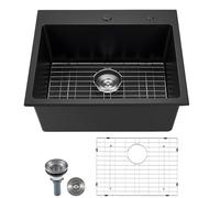 VEVOR 63 cm Kitchen Sink Workstation, Top Mount Granite Sinks, Drop-in Single Bowl Farmhouse Basin with Multiple Accessories, Household Dishwasher Sinks for RV, Prep Kitchen, and Bar (Black)