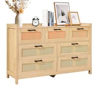 VEVOR 7 Drawer Rattan Dresser, Natural Rattan Wood Dressers with LED Light, Modern Wood Chest Clothing Organizer & Storage Boho Dresser with Sturdy Handles & Legs, for Bedroom, Living Room & Hallway