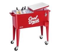 VEVOR 80 Quart Rolling Ice Chest, Holds up to 50 Bottles / 110 Cans, Portable Patio Party Bar Drink Cooler Cart with 4 Swivel Casters (2 with Brakes), Beverage Cooler Trolley with Bottle Opener, Red