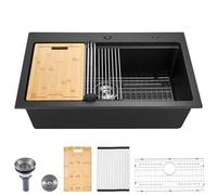 VEVOR 84 cm Kitchen Sink Workstation, Top Mount Granite Sinks, Drop-in Single Bowl Farmhouse Basin with Multiple Accessories, Household Dishwasher Sink for RV, Prep Kitchen, and Bar (Black)