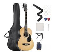 VEVOR 914.4mm 6 String Round Acoustic Guitar with Natural Solid Top, Case, Tuner, Strap, Steel Strings, Picks, Capo and Rosewood Fingerboard for Beginner and Teen