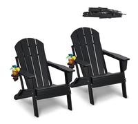 VEVOR Adirondack Chair Plastic, Set of 2 All-Weather Portable Folding Fire Pit Chair, Outdoor Adirondack Patio Chair with Cup Holder, with Relaxing Arm Rest Ergonomic, for Garden, Backyard - Black