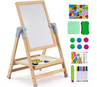VEVOR Art Easel for Kids, 2-in-1 Wooden Double-Sided Kid's Art Easel with Magnetic Whiteboard & Chalkboard, Adjustable Standing Rotatable Foldable Drawing Board with Painting Accessories for Boy Girl