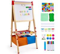 VEVOR Art Easel for Kids, 3-in-1 Wooden Double-Sided Kid's Art Easel with Magnetic Whiteboard, Chalkboard, Paper Roll, Adjustable Standing Drawing Board with Painting Accessories, Storage for Boy Girl