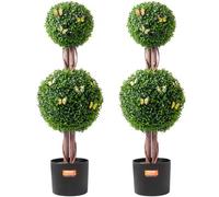 VEVOR Artificial Boxwood Topiary Tree, 36 inch Tall (2 Pieces), Double Ball Faux Topiary Trees, Faux Plant w/ Extra Leaves & Pot & Small Decoration, U