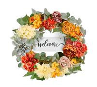 VEVOR Artificial Decorative Wreath, 24 in, Red Orange Yellow, Decorated with Hydrangeas, Roses, Wooden Sign, Year Round Wreath for All Seasons Indoor and Outdoor Home Wall Window Festival Decorations