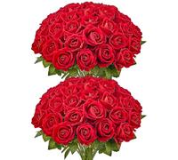 VEVOR Artificial Flowers, 60 pcs Real Looking Red Foam Fake Roses Bulk, Faux Red Bridal Shower with Stems for DIY Wedding Bouquets, Home Centerpieces Arrangements, Party Tables Decorations