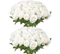 VEVOR Artificial Flowers, 60 pcs Real Looking White Foam Fake Roses Bulk, White Faux Bridal Shower with Stems for DIY Wedding Bouquets, Home Centerpie