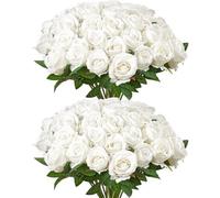VEVOR Artificial Flowers, 60 pcs Real Looking White Foam Fake Roses Bulk, White Faux Bridal Shower with Stems for DIY Wedding Bouquets, Home Centerpieces Arrangements, Party Tables Decorations