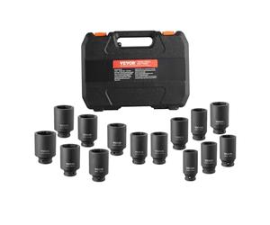 VEVOR Axle Nut Impact Socket Set, 1/2" Drive Deep 6+12-Point 14-Piece Metric Spindle Nut Socket Set, CR-V Heat Treated Large Socket Set with Storage Case, Auto Repair, Removing or Installing Axle Nuts