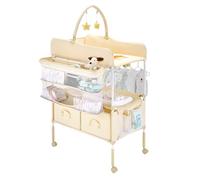 VEVOR Baby Changing Table, Foldable Diaper Change Station with 2 Fabric Drawers, Side Basket & Hanging Rod, Adjustable Height Portable Changing Table with Lockable Wheels & 2 Star Toys, Light Beige