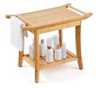 VEVOR Bamboo Shower Bench, 24 x 13.8 x 18.9 in, Waterproof Shower Stool Chair with Storage Shelf Handle, 300 lbs Load Capacity Spa Bath Seat Organizer, for Adults Seniors Women Elderly Indoor Outdoor