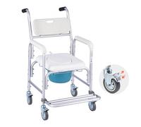 VEVOR Bedside Commode Chair with Wheels, 350 lbs Capacity, 4-in-1 Portable Toilet and Raised Toilet Seat with Padded Seat/Backrest/Flip-up Footrest, Detachable 5L Bucket, Shower Wheelchair for Seniors