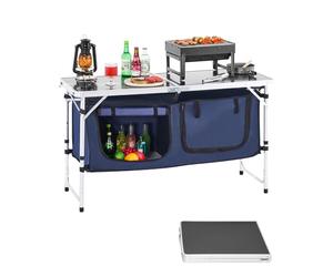 VEVOR Camping Kitchen Table, Folding Outdoor Cooking Table, 3 Adjustable Height, Aluminum Lightweight Portable Cook Station with Storage Organizer, Carry Handle, for BBQ Party Picnic RV Travel, Blue
