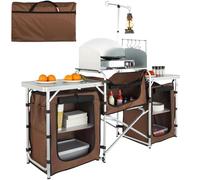 VEVOR Camping Kitchen Table, Folding Outdoor Cooking Table with Storage Carrying Bag, Aluminum Cook Station 3 Cupboard & Detachable Windscreen, Quick Set-up for Picnics, BBQ, RV Traveling, Brown