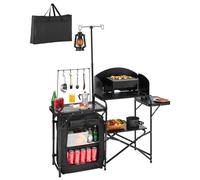 VEVOR Camping Kitchen Table, Outdoor Camp Cooking Table, Aluminum Portable Cook Station with Storage Cupboard, Carrying Bag, Detachable Windscreen, Qu