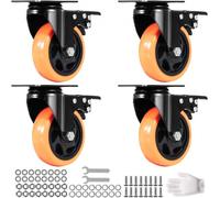 VEVOR Caster Wheels, 10.1 cm Swivel Plate Casters, Set of 4, with Security A/B Locking No Noise PVC Wheels, Heavy Duty 158.8 kg Load Capacity Per Cast