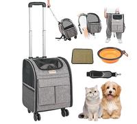 VEVOR Cat Carrier with Wheels, Rolling Pet Carrier with Telescopic Handle and Shoulder Strap, Dog Carrier with Wheels for Pets under 18 lbs, with 1 Folding Bowl, Grey