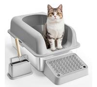 VEVOR Cat Litter Box, 6 inches Deep, XL Extra Large Stainless Steel Cat Litter Box with Scoop, Wide Filtering Foot Board & High Sides, Enclosed Odor-Free Easy-to-Clean Litter Box, Fit for Big Cats