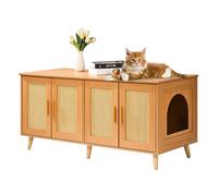 VEVOR Cat Litter Box Enclosure for 2 Cats, Litter Box Furniture Hidden with Rattan Decorated Doors, Wooden Cat Box Cabinet Fit Most of Litter Box, 47.