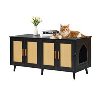 VEVOR Cat Litter Enclosure for 2 Cats, Hidden with Rattan Decorated Doors, Wooden Cat Cabinet Fit Most Litter Box, 47.2"L x 19.7"W x 21.7"H, Black