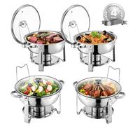 VEVOR Chafing Dish Buffet Set, 5 Qt 4 Pack, Stainless Steel Chafer with 4 Full Size Pan, Round Catering Warmer Server with Glass Lid Water Pan Folding Stand Fuel Holder, for Wedding Party Banquet