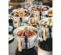 VEVOR Chafing Dish Buffet Set, 5 Qt 4 Pack, Stainless Steel Chafer with 4 Full Size Pan, Round Catering Warmer Server with Glass Lid Water Pan Folding Stand Fuel Holder, for Wedding Party Banquet Gold