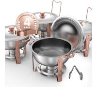VEVOR Chafing Dish Buffet Set, 5 Qt 4 Pack, Stainless Steel Chafer with 4 Full Size Pans, Round Catering Warmer Server with Lid Water Pan Folding Stand Clip, for Weddings Parties Banquets, Rose Gold