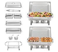 VEVOR Chafing Dish Buffet Set, 8 Qt 2 Pack, Stainless Chafer with 2 Full & 4 Half Size Pans, Rectangle Catering Warmer Server with Lid Water Pan Folding Stand Fuel Tray Holder Clip, at Least 8 People