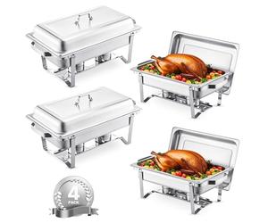 VEVOR Chafing Dish Buffet Set, 8 Qt 4 Pack, Stainless Chafer with 4 Full Size Pans, Rectangle Catering Warmer Server with Lid Water Pan Folding Stand Fuel Tray Holder Spoon Clip, at Least 8 People