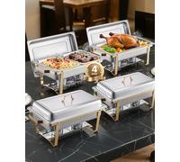 VEVOR HZ-433 8 Qt 4 Pack, Stainless Steel Chafer with 2 Full 4 Half Size, Rectangle Catering Warmer Server with Lid Water Pan Stand, for Weddings Parties Banquets, Gold