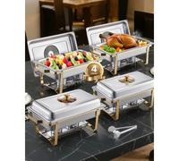 VEVOR HZ-433B 8 Qt 4 Pack, Stainless Steel Chafer with 4 Full Size, Rectangle Catering Warmer Server with Glass Lid Water Pan Folding Stand Fuel Holder, for Wedding Party Banquet, Gold