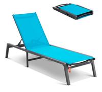 VEVOR Chaise Outdoor, Aluminum Adjustable 5-Position, Folding Lounge Recliner and Full Flat Tanning Chair for Patio, Beach, Pool, Blue, 43.7 x 23.43 x 4.13 in