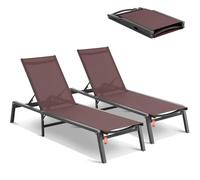 VEVOR Chaise Lounge Chairs Outdoor, Aluminum Patio Chairs with Adjustable 5-Position, Folding Pool Chair Recliner and Full Flat Tanning Chair for Patio, Beach, Pool, Brown, 2 pcs