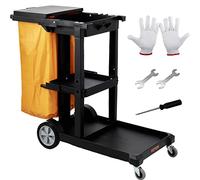 VEVOR Cleaning Cart, 3-Shelf Commercial Janitorial Cart, 200 lbs Capacity Plastic Housekeeping Cart, with 25 Gallon PVC Bag, 120 x 51 x 98 cm, Yellow+Black