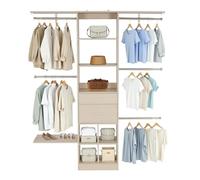 VEVOR Closet System with 2 Drawers, Adjustable Height Wooden Closet Organizers, Modern Walk-in Wardrobe Organization with 5 Retractable Clothes Hanger Rods, Freestanding Garment Rack Storage, Grey