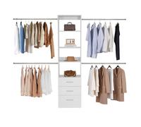 VEVOR Closet System with 3 Drawers, Adjustable Height Wooden Closet Organizers, Modern Walk-in Wardrobe Organization with 4 Retractable Clothes Hanger Rods, Freestanding Garment Rack Storage, White