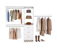 VEVOR Closet System with 3 Drawers, Adjustable Height Wooden Closet Organizers, Modern Walk-in Wardrobe Organization with 3 Retractable Clothes Hanger Rods, Freestanding Garment Rack Storage, White