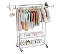 VEVOR Clothes Rack, Rolling Clothing Garment Rack with 2 Hanging Rods and 2 Storage Shelves, 120 kg Load Capacity, Adjustable Height Carbon Steel Clothing Racks for Bedroom, Laundry, Living Room