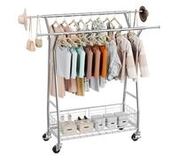 VEVOR Clothes Rack, Rolling Clothing Garment Rack with 2 Hanging Rods and Storage Basket, 150 kg Load Capacity, Extendable Carbon Steel Clothing Racks with Wheels for Bedroom, Laundry, Living Room