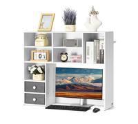 VEVOR Desktop Bookshelf, 3-Tier Desktop Storage Organizer, 37" x 10" x 31.1" Office Storage Rack Wood Display Shelf, Desktop Bookshelf Hutch with Two Fabric Drawers, for Office, Home & Dorm, White