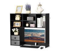 VEVOR Desktop Bookshelf, 3-Tier Desktop Storage Organizer, 37" x 10" x 31.1" Office Storage Rack Wood Display Shelf, Desktop Bookshelf Hutch with Two Fabric Drawers, for Office, Home & Dorm, Black
